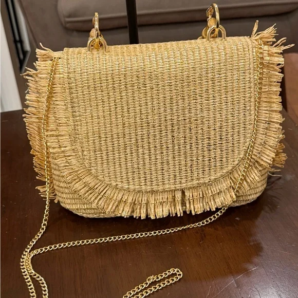NWT Tommy Bahama Gold and Tan woven bag with Bamboo Handle & Crossbody Strap - Picture 6 of 16
